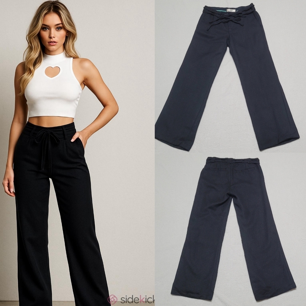 Rare Vintage Y2K Old Navy Black Wool Blend Double Tie Low Waisted Wide Leg Pants